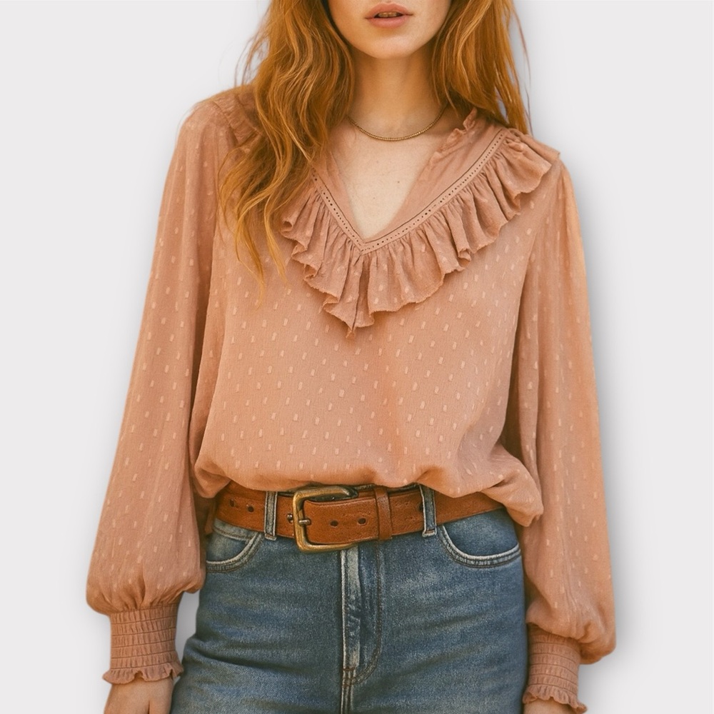 Rachel Zoe Ruffle Peasant Blouse Sheer Nude Pink Medium